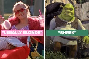 On the left, Reese Witherspoon as Elle Woods in "Legally Blonde," and on the right, Shrek