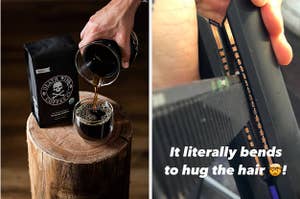 A person pouring coffee / A flat iron bending to the comb