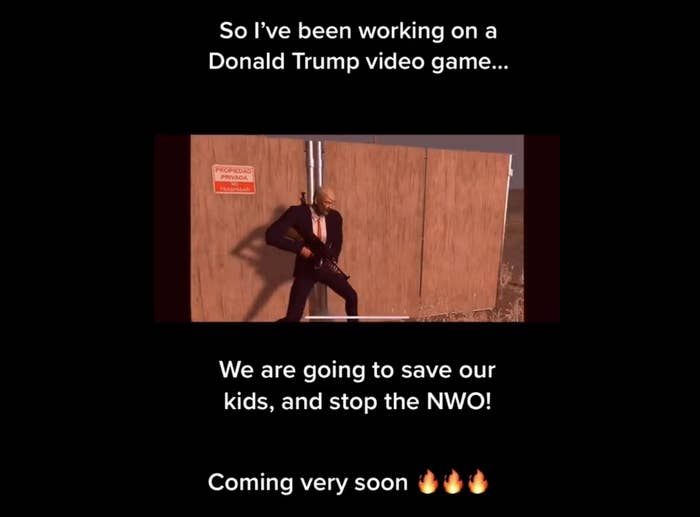 In a video game screengrab, a Trump character holds a gun; a caption reads, &quot;So I&#x27;ve been working on a Trump video game. We are going to save our kids and stop the NWO Coming very soon&quot;