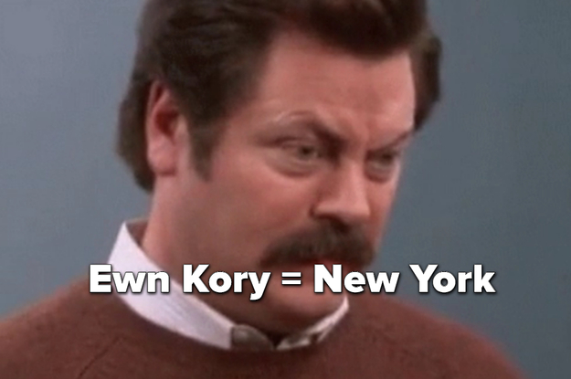 Ron Swanson looking confused with scrambled letters that spell out New York