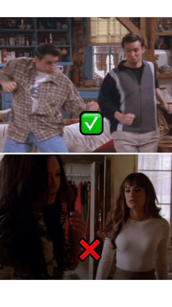Chandler and Joey from "Friends" dancing together and Rachel standing in front of Santana after slapping her in "Glee"