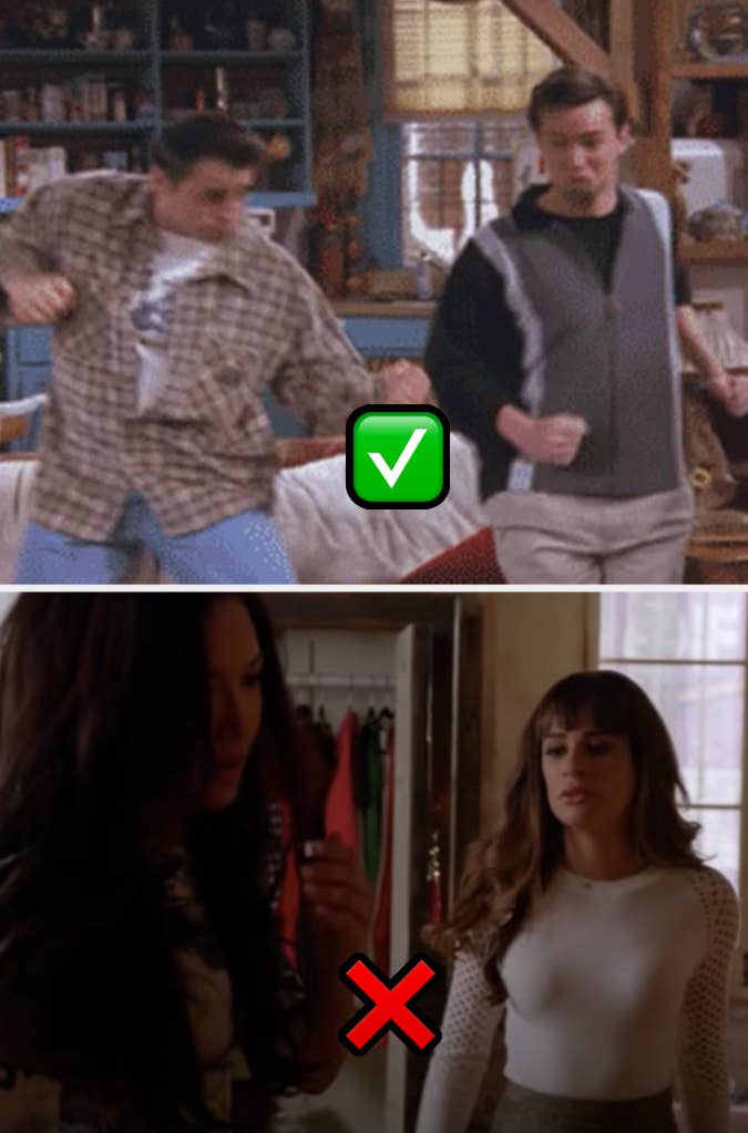 Chandler and Joey from &quot;Friends&quot; dancing together and Rachel standing in front of Santana after slapping her in &quot;Glee&quot;