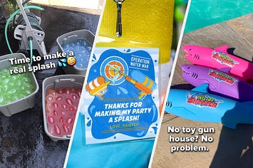 three images from left to right are three tubs of water balloons, a thank you tag for a water fight party, and three shark squirters