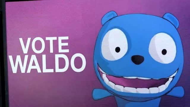animated bear with the words &quot;vote waldo&quot; next to it