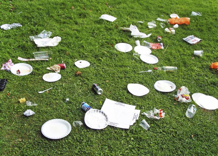 A lawn strewn with garbage