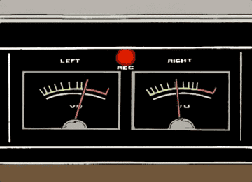 Animation of left and right volume indicators on a stereo with needles going into red on left and heading there on right