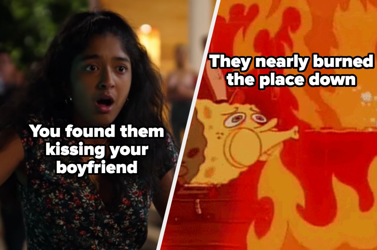 Devi from "Never Have I Ever" looking shocked and SpongeBob from "SpongeBob SquarePants" trying to blow out a fire