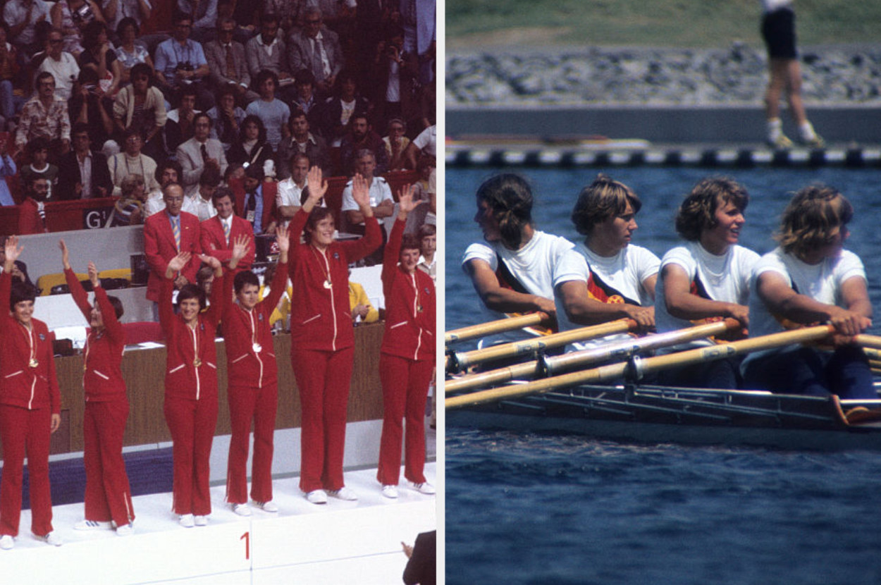 The USSR women&#x27;s basketball team waving to the audience, the East Germany women&#x27;s rowing team on the water