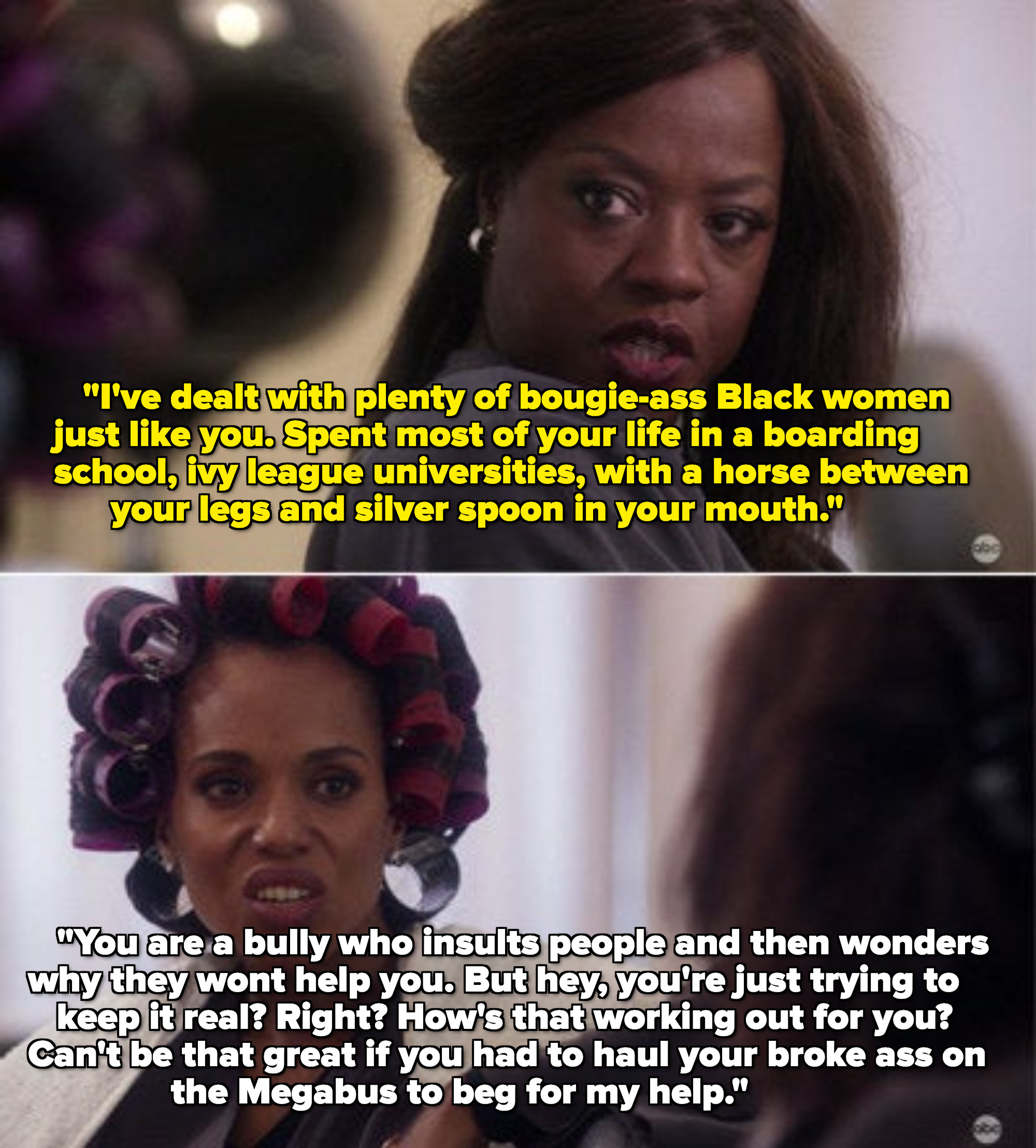 Annalise and Olivia Pope dragging each other in a hair salon