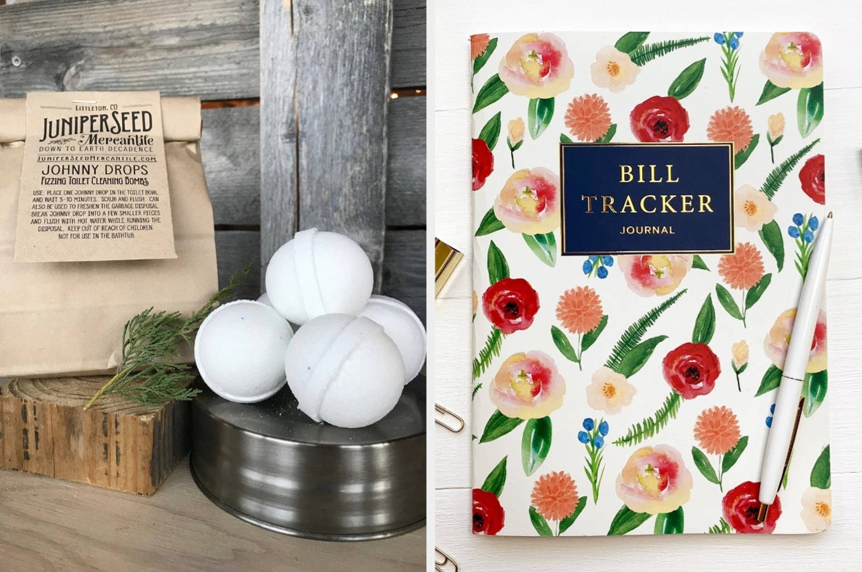 toilet cleaning bombs and and a floral bill tracker journal