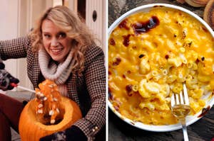 On the left, Kate McKinnon scooping out a pumpkin in an "SNL" sketch, and on the right, some baked mac and cheese in a dish