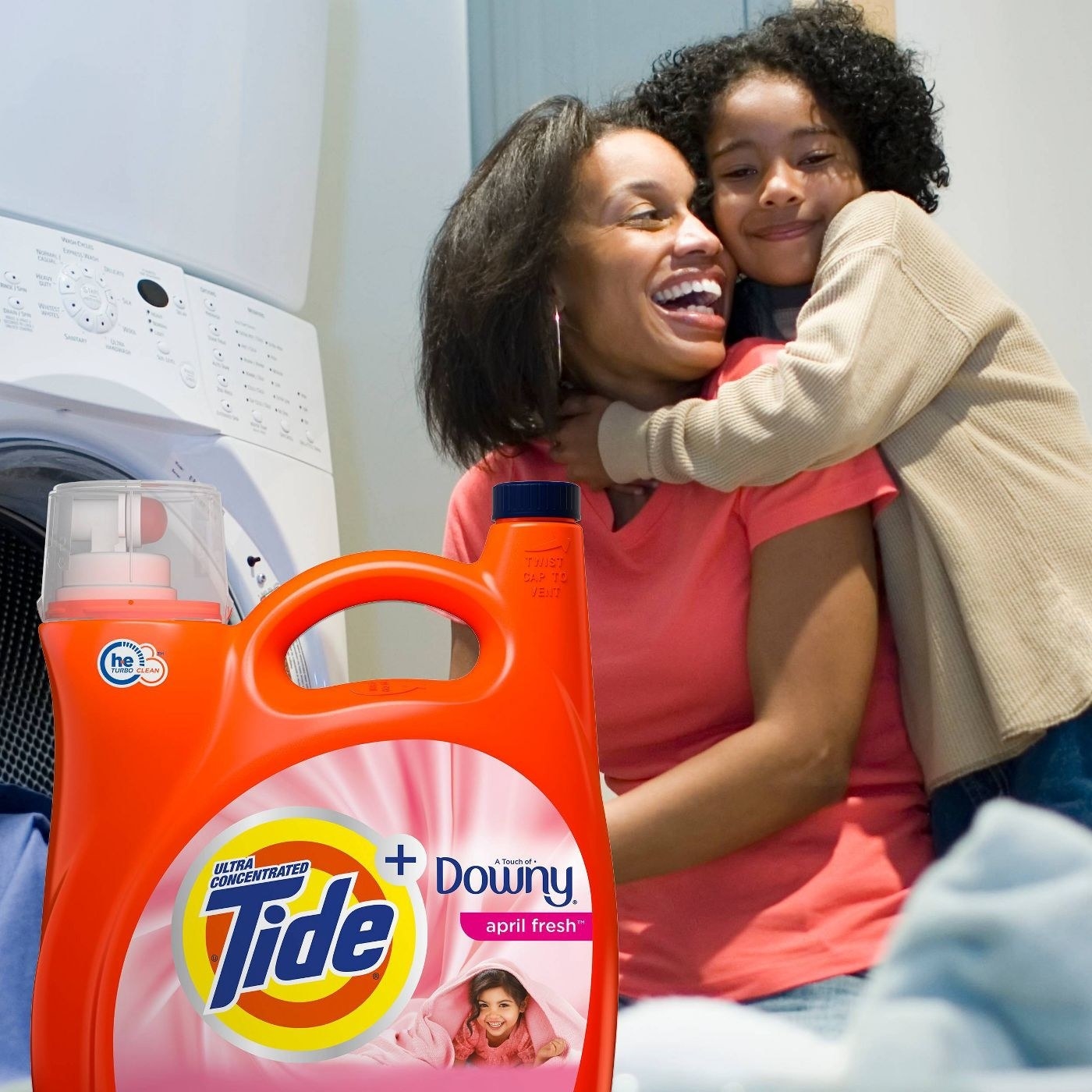 the bottle of detergent overlaid on an image of a mother and daughter
