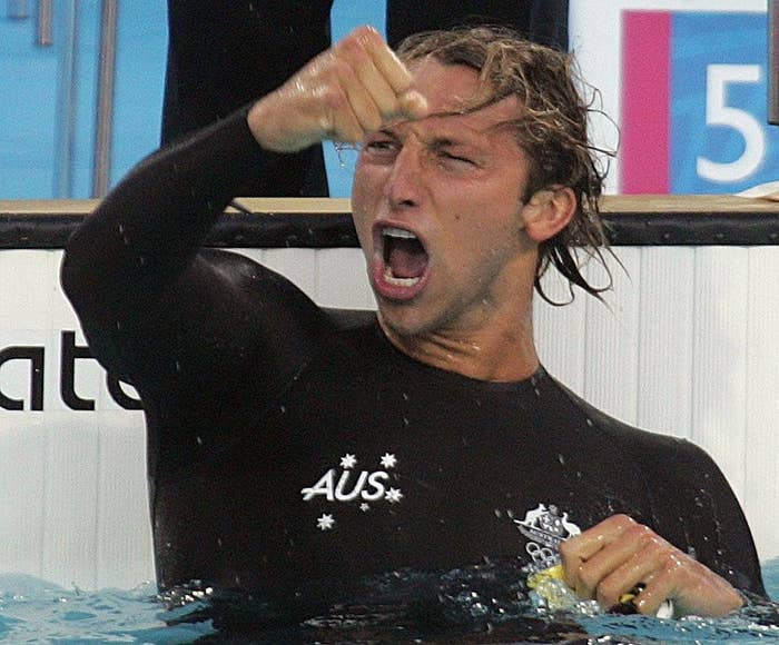 Ian Thorpe celebrating his win at the 2004 Athen Games