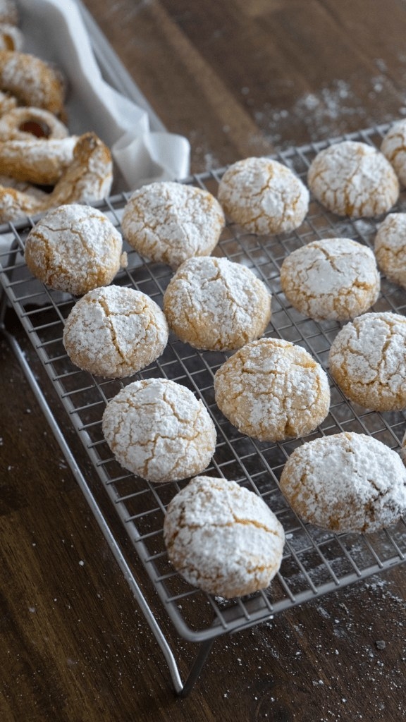 Cooling tray crowded with powdered sugar-coated amaretti