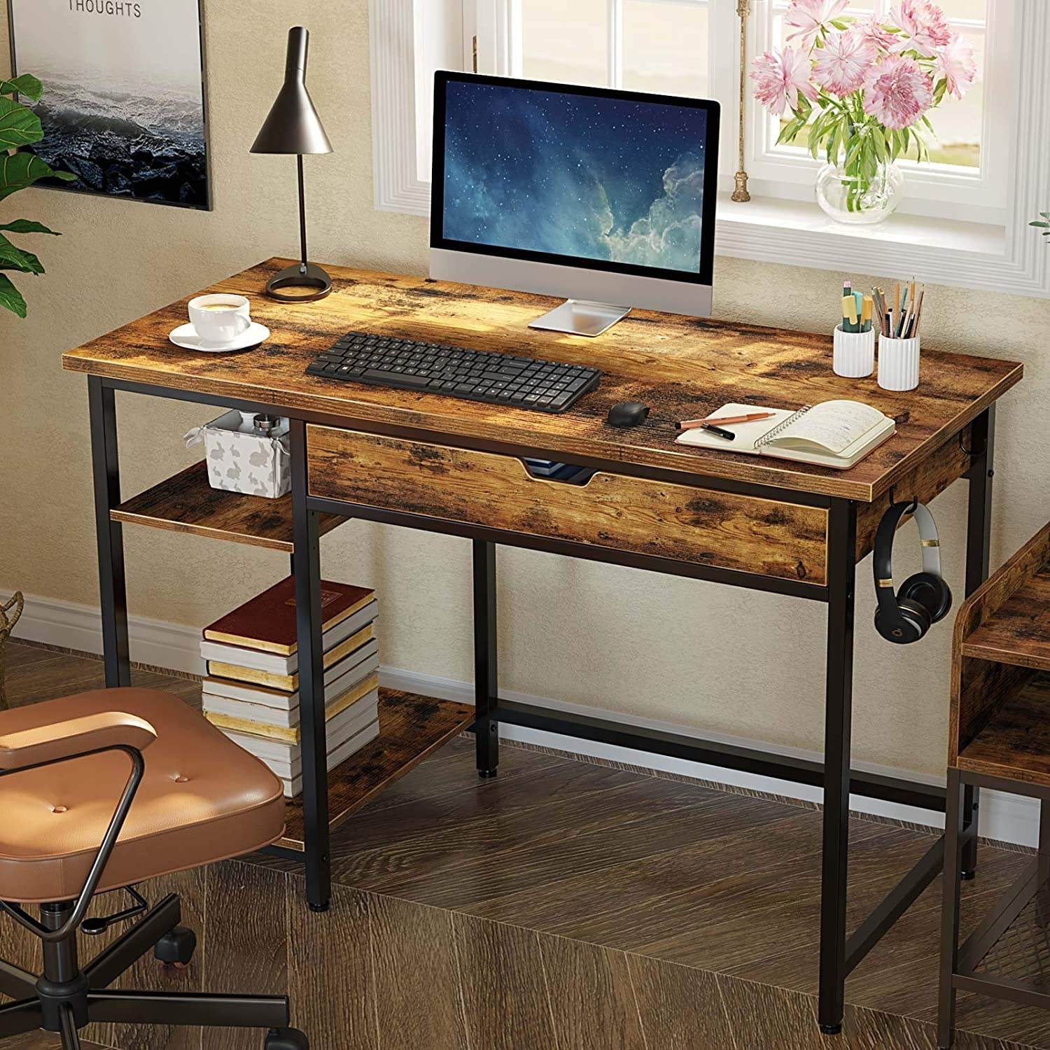 a desk with wooden and metal accents in a stylish room