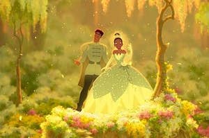 Prince Naveen and Princess Tiana after becoming human at their wedding