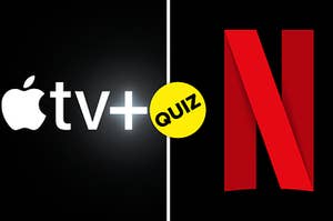 Apple TV logo is on the left with the quiz badge in the center and Netflix logo on the right