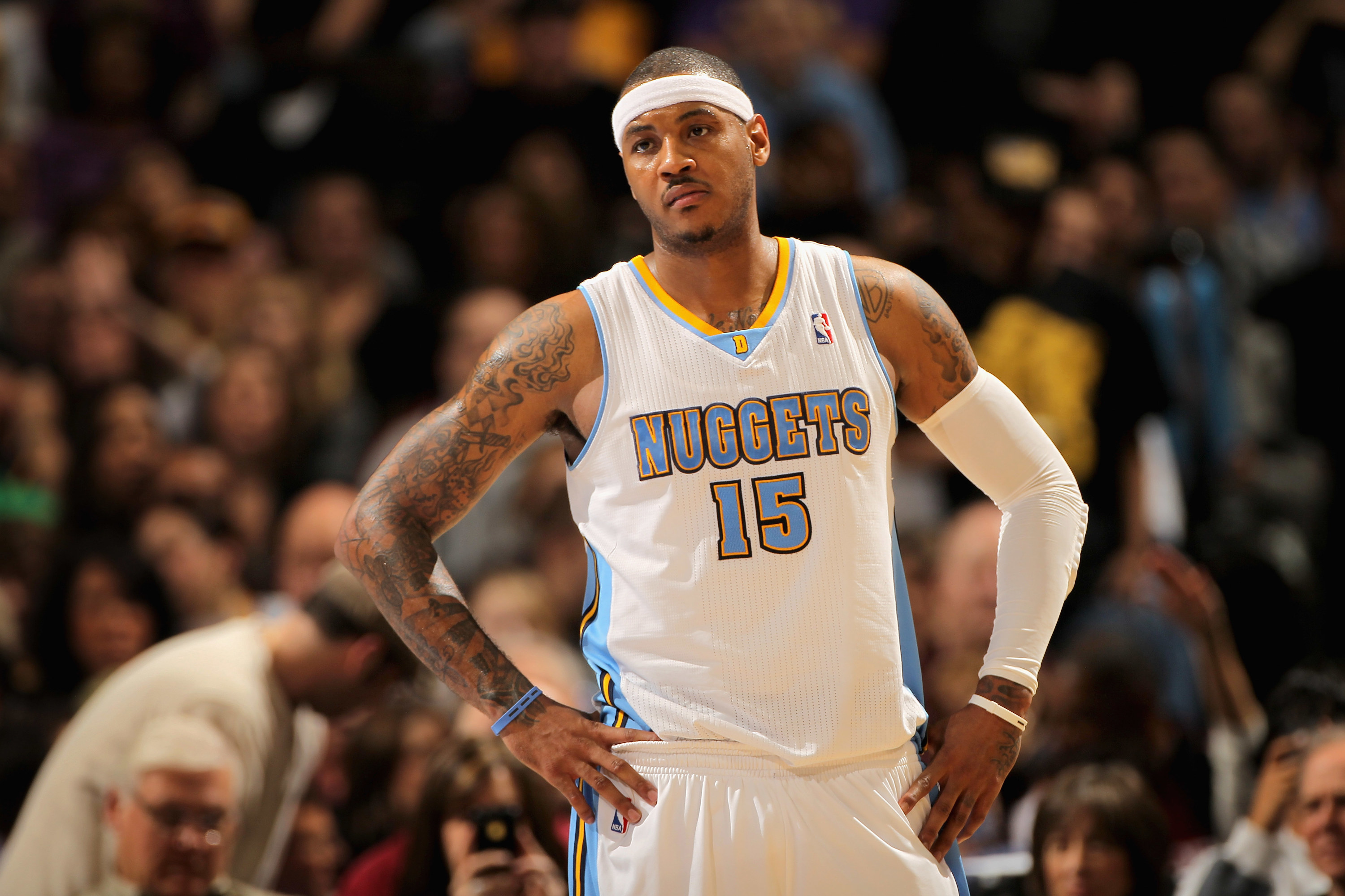 White Nuggets jersey with baby blue lettering and yellow outlining