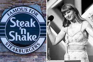 A Steak N Shake logo is on the left with Taylor Swift on the right holding up her fists