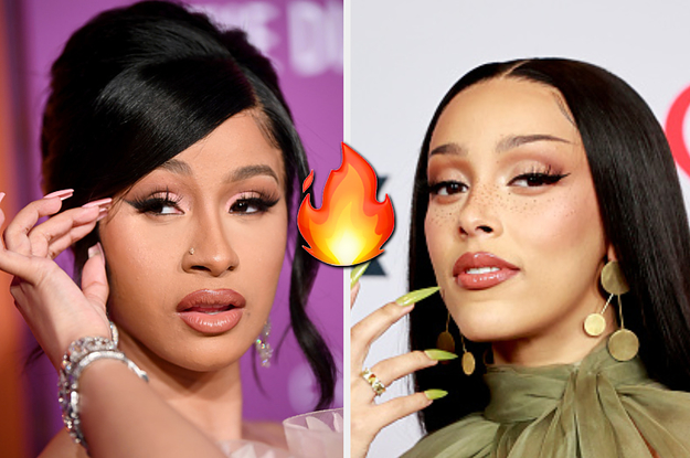 Cardi B is on the left flashing her nails with flame emoji in the center and Doja Cat on the right showing her nails