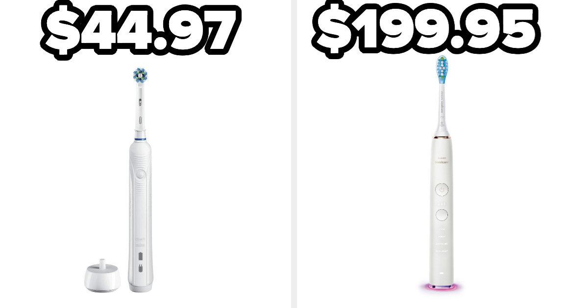 On the left, an Oral-B electric toothbrush, and on the right, a Philips Sonicare electric toothbrush