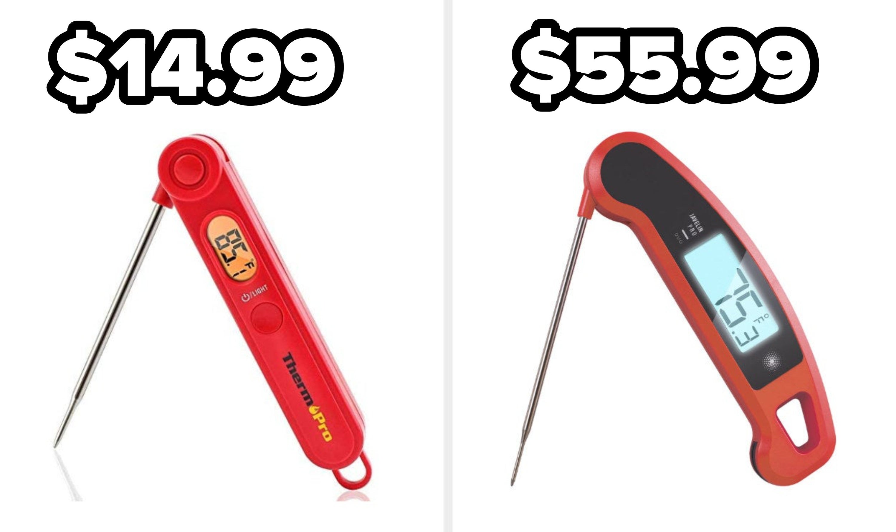 On the left, a digital food thermometer, and on the right, another, more expensive digital thermometer