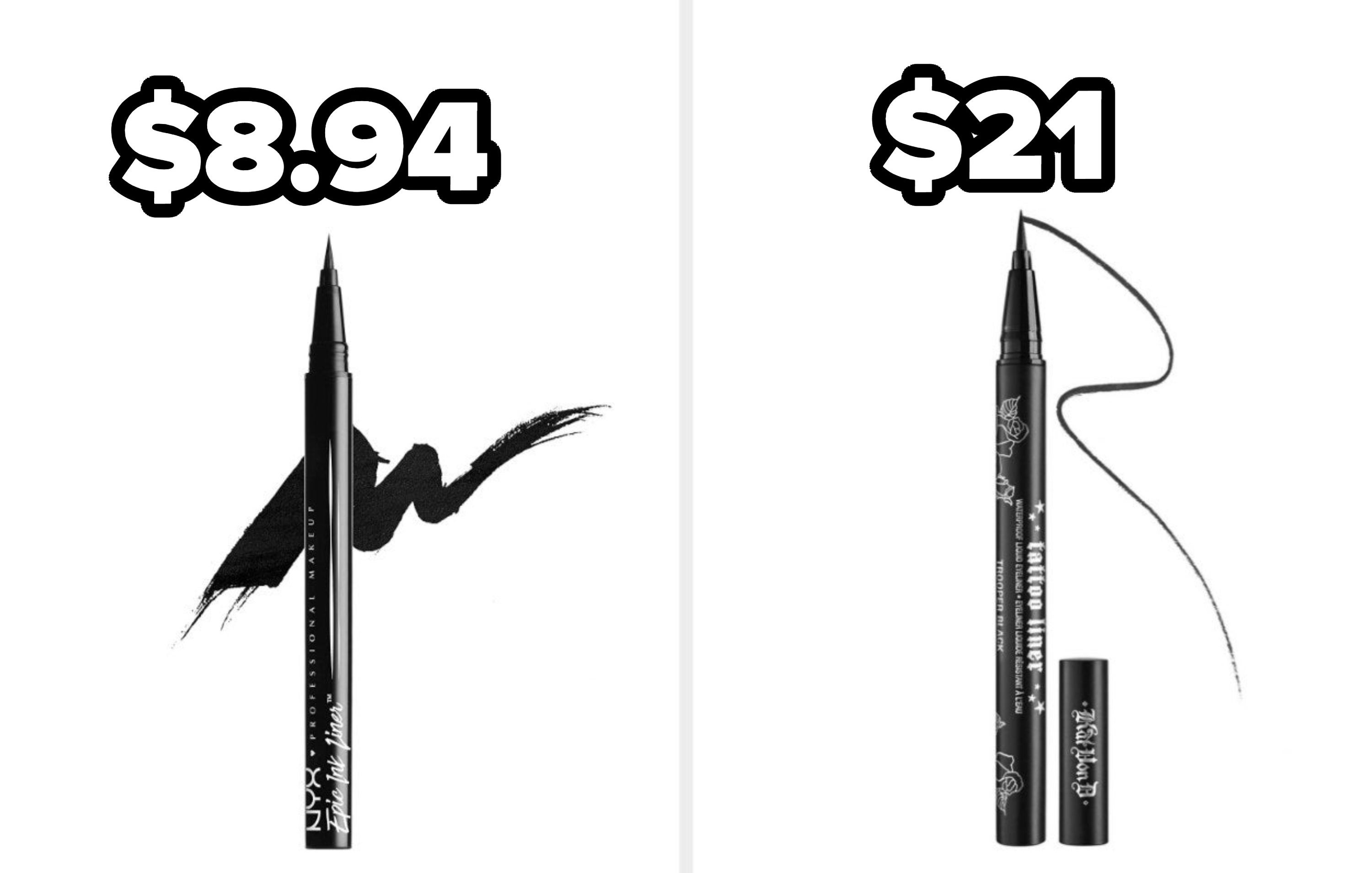 On the left, a NYX eyeliner, and on the right, a Kat Von D Tattoo Eyeliner