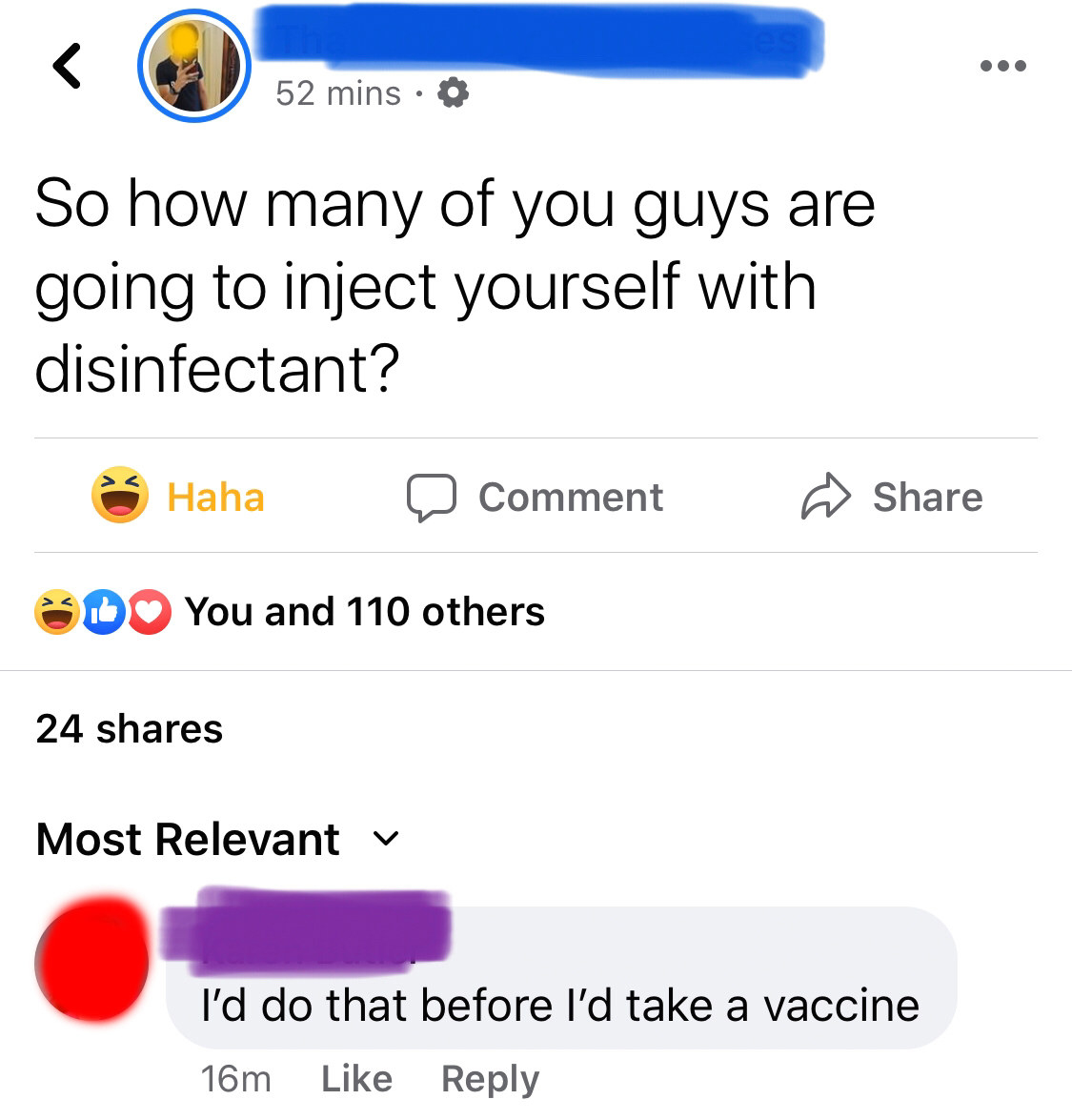 person who says they&#x27;re going to inject themselves with disinfectant