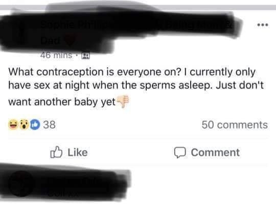 person says they only have sex at night because the sperm are asleep