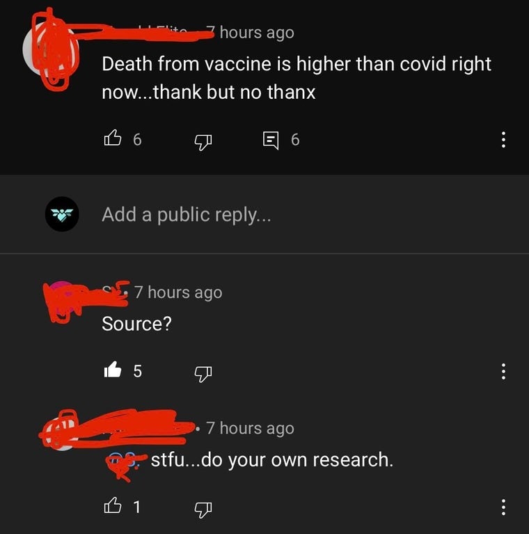 person who says death from vaccines is higher than covid death