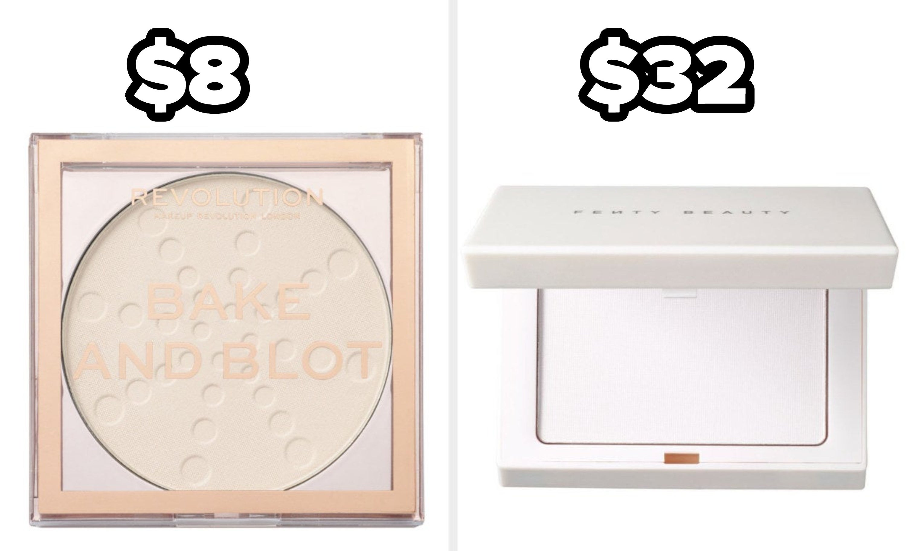 On the left, Revolution Beauty's Bake and Blot Translucent Powder, and on the right, Fenty's Blotting Powder