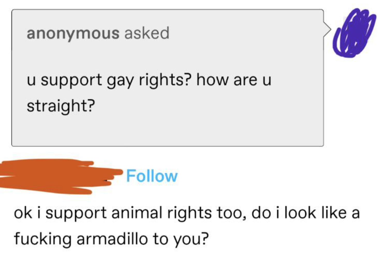 person who says how can you support gay rights if youre straight and the other person says ok i support animal rights too do i look like an armadillo