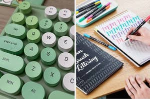 a green mechanical keyboard; someone using a lettering book