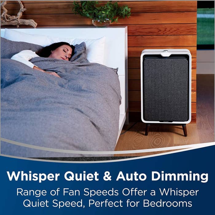 A white rectangular air filter next to a model's bed