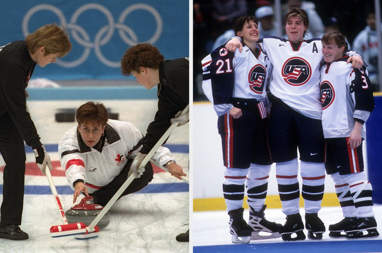 Sandra Schmirler of Canada releasing the curling stone, Cammi Granato, Karyn Bye and Lisa Brown-Miller celebrate winning the gold medal for hockey