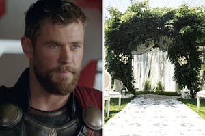 A close up of Thor as he glares at someone off screen and a wedding arch is covered in greenery as it stands in front of rows of chairs