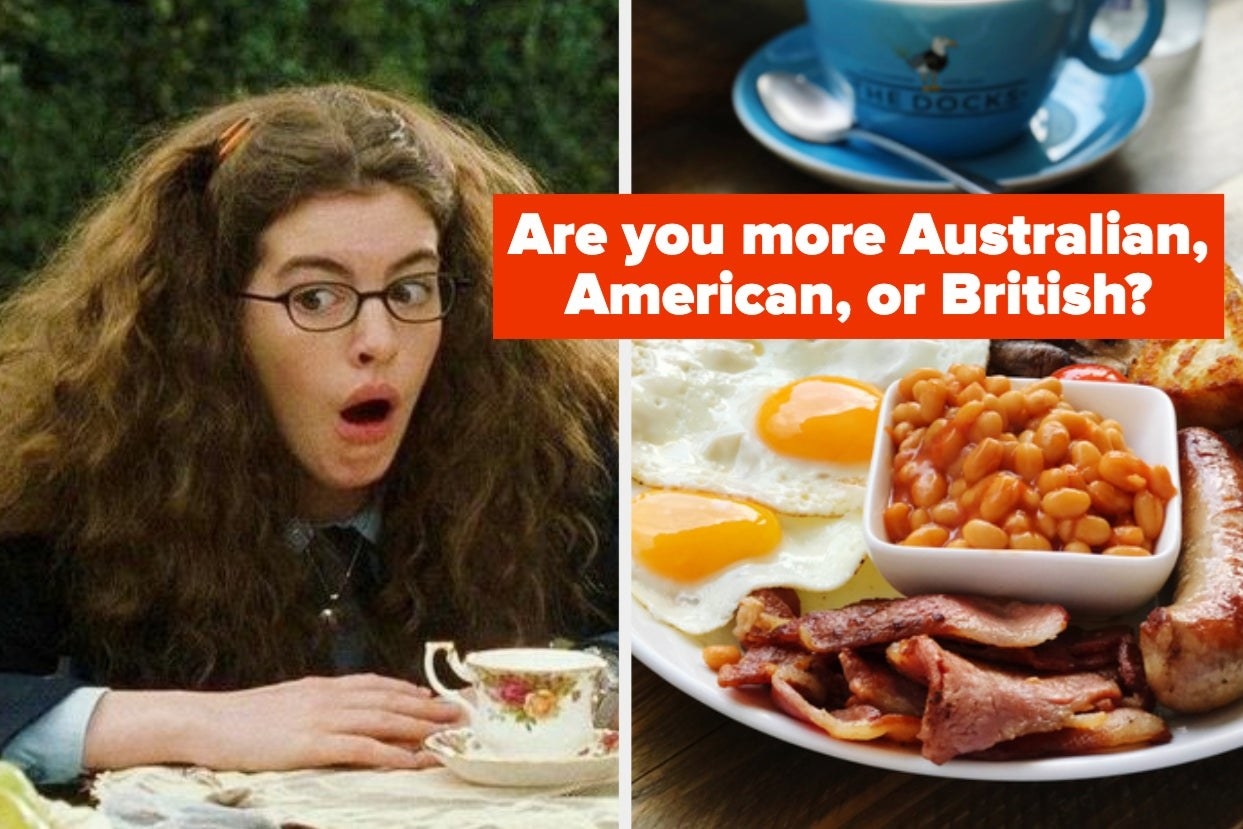 Princess Mia from &quot;Princess Diaries&quot; and british breakfast with the words &quot;Are you more Australian, American, or British?&quot;