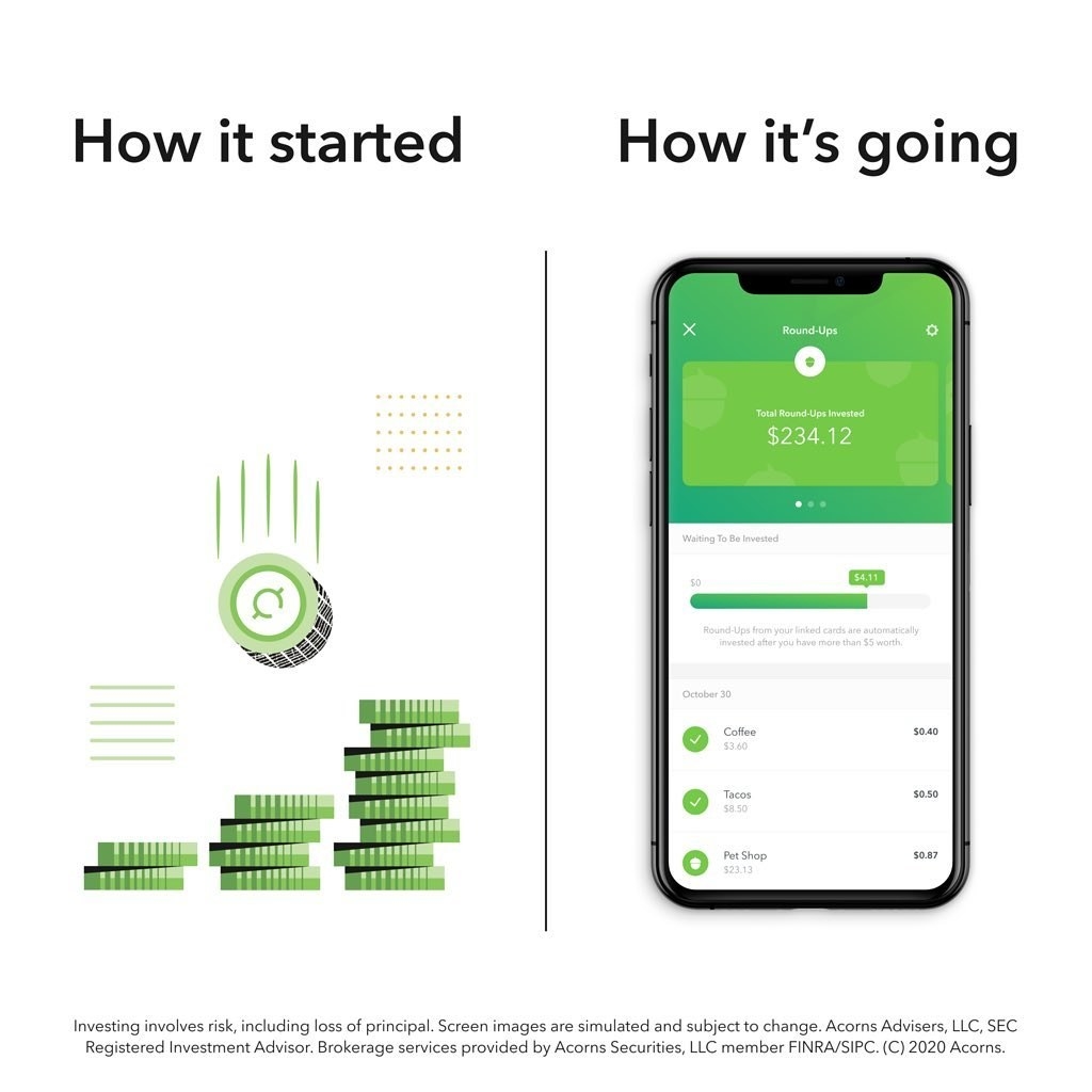 Illustrated graphic of coins on left side and phone with Acorns app on right side with text saying 