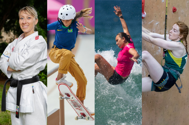 Karateka Alexandra Feracci posing for a photo, Rayssa Leal skateboarding, Carissa Moore surfing, Siobhan Dobie and Cirrus Tan competing at the Sport Climbing Olympic Qualifications