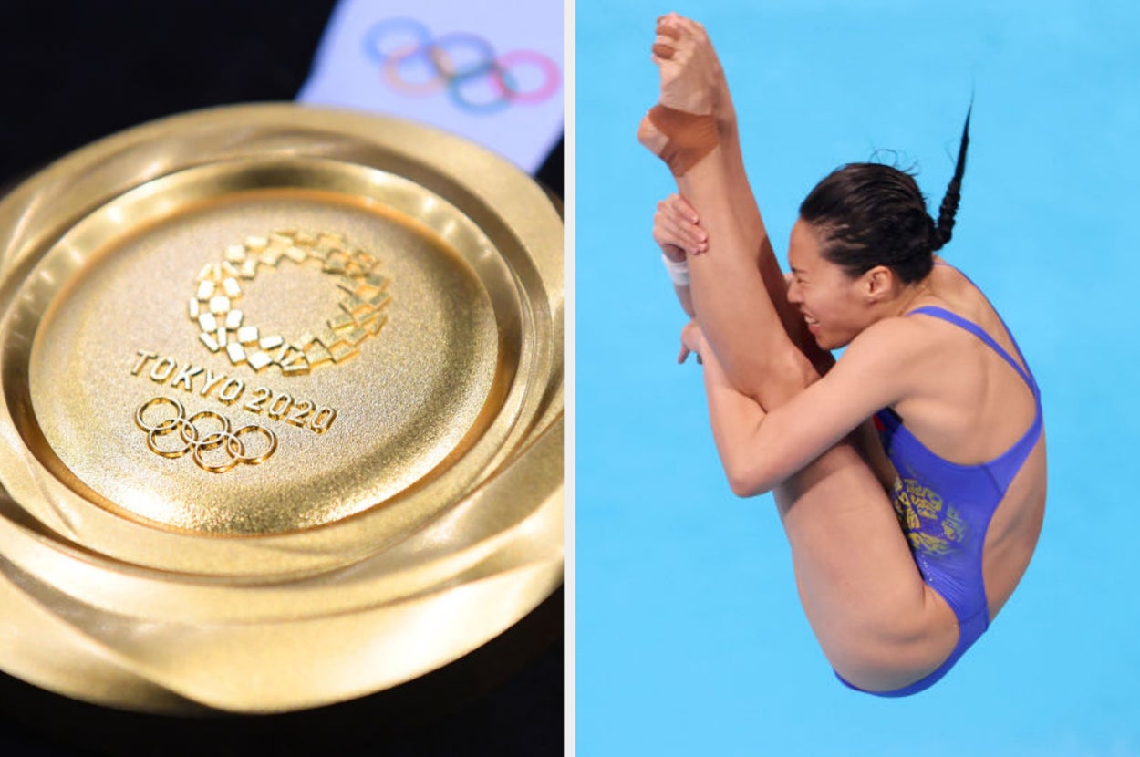 An olympics gold medal and an olympic diver in mid-dive
