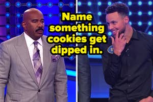 Steve Harvey and Steph Curry on Family Feud with text, "Name something cookie get dipped in"