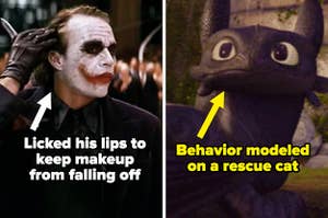 Heath Ledger as the joker labeled "Licked his lips to keep makeup from falling off" and Toothless in How to Train Your Dragon labeled "Behavior modeled on a rescue cat"