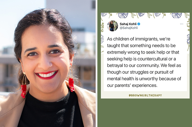 Sahaj Kohli on the left and her tweet on the right explaining why children of immigrants don't always get access to mental health resources