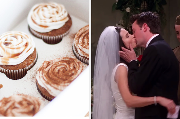 On the left, some banana cupcakes with cream cheese frosting a cinnamon on top, and on the right, Monica and Chandler from