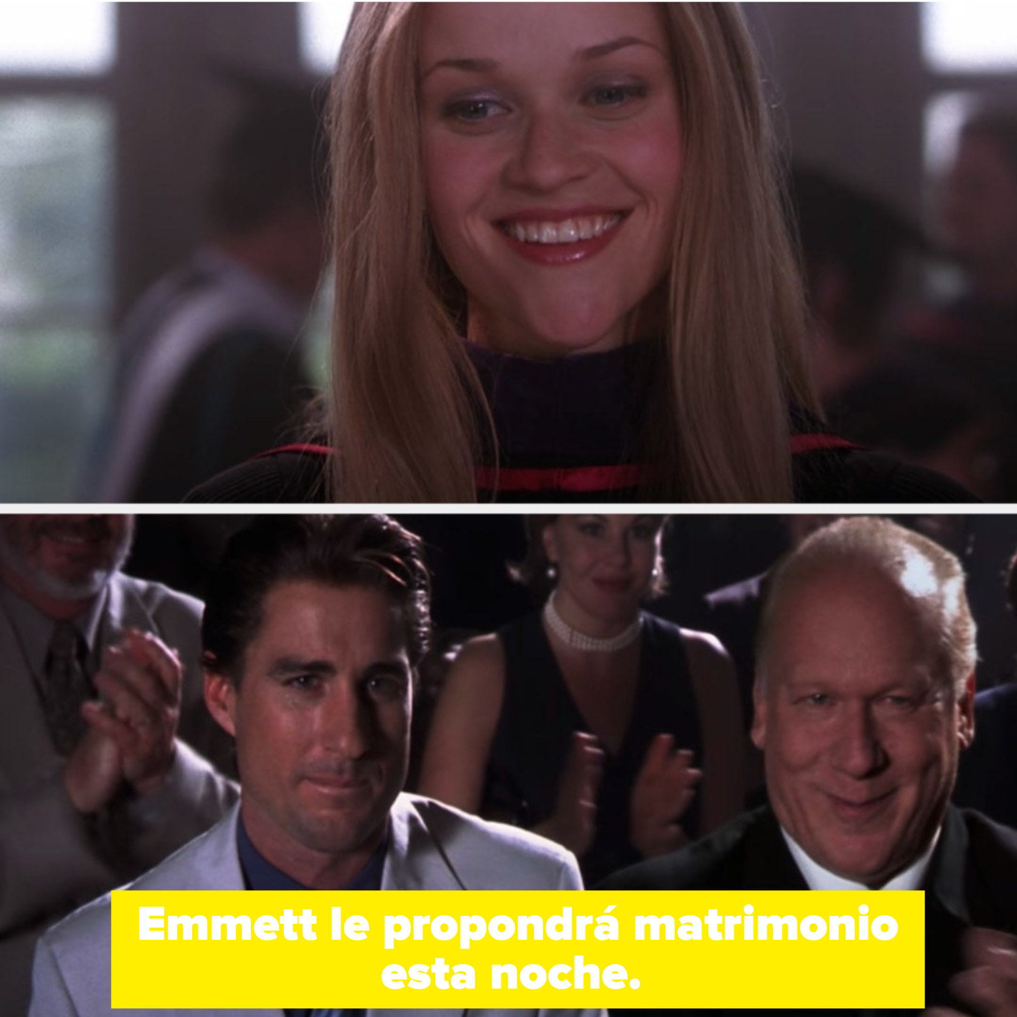 The ending of &quot;Legally Blonde,&quot; with text that reads: &quot;Emmett is proposing to Elle tonight&quot;