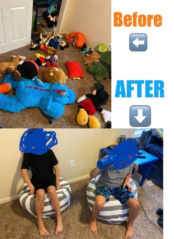 Reviewer's before photo showing a pile of stuffed animals and an after photo showing  their children sitting on the bean bags with the stuffed animals neatly stored inside