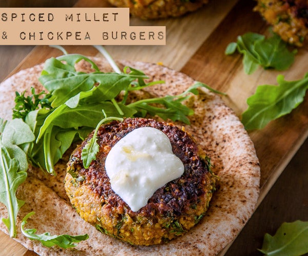 Spiced Millet Chickpea Burgers with Preserved Lemon Yoghurt