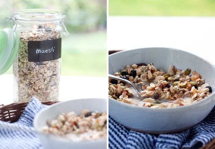 Muesli in a jar on left, in a bowl on right.