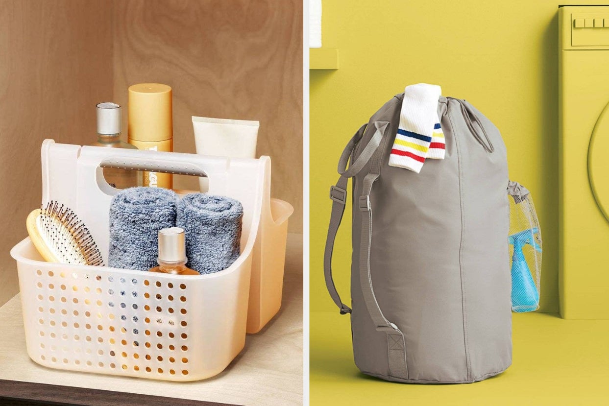 The shower caddy and the laundry bag