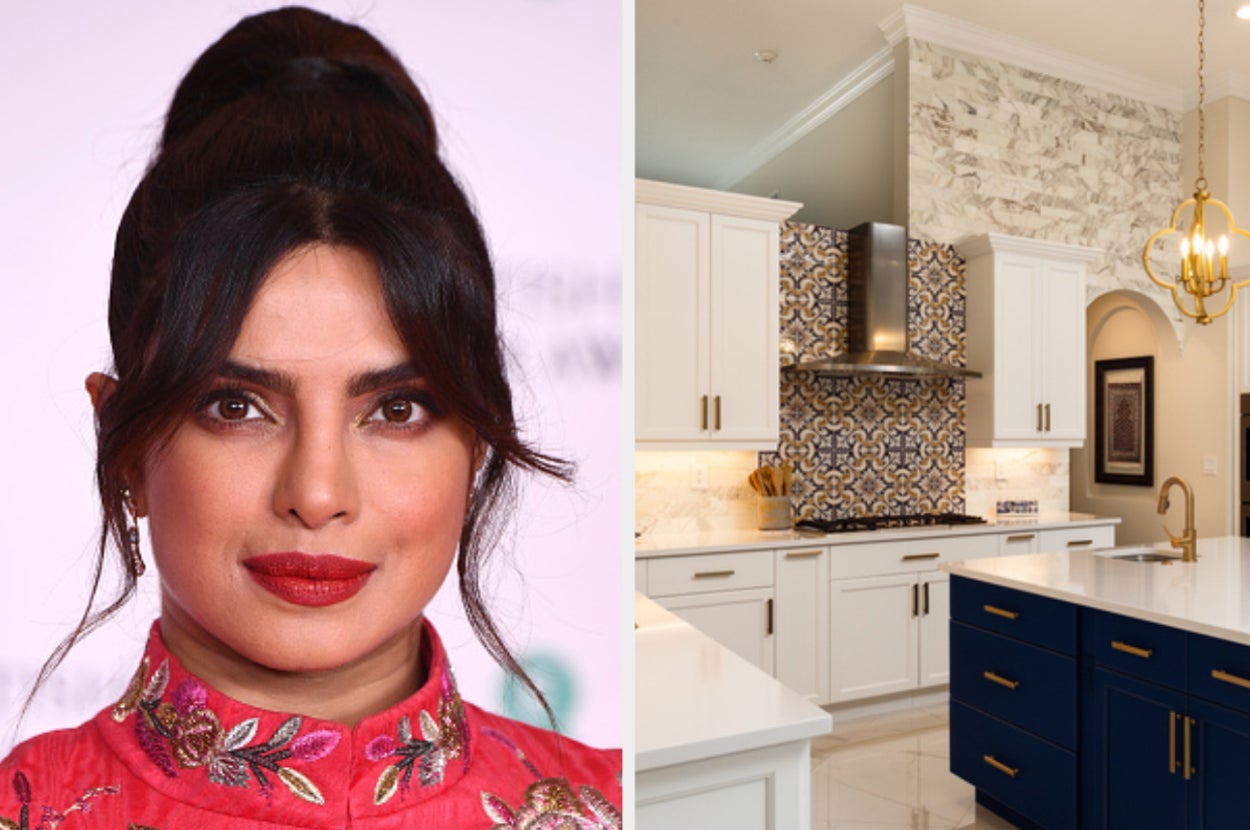Priyanka Chopra is on the left with a luxury kitchen on the right